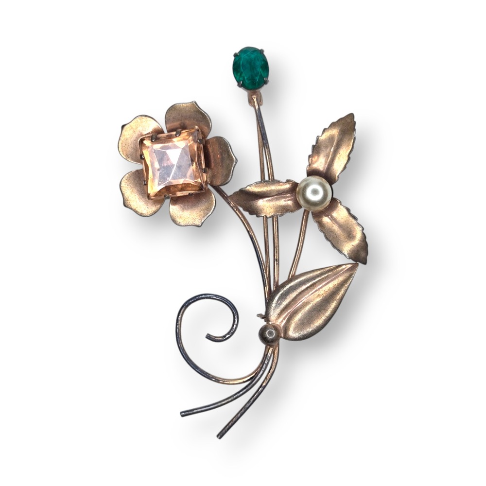 Vintage Brooch Sterling Silver Rose Gold Vermeil 3.5" Pink Green Flower Pearl